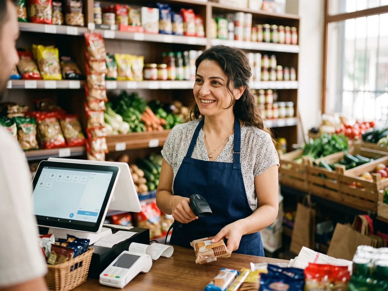 Mahalle marketinde tezgâh arkasında müşterisine gülümseyen kadın esnaf; elinde barkod okuyucu, tezgâhta dokunmatik kasa ekranı ve fiş yazıcılı Android POS cihazı