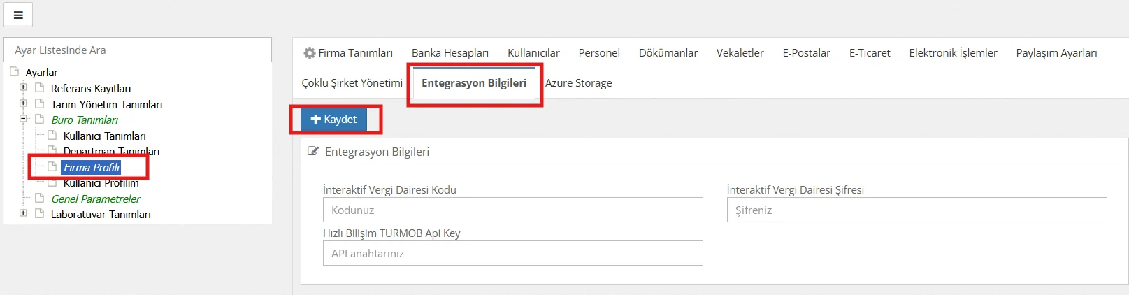 Ayarlar > Büro Tanımları > Firma Profili > Entegrasyon Bilgileri ekranında Hızlı Bilişim TURMOB Api Key alanı ve Kaydet butonu