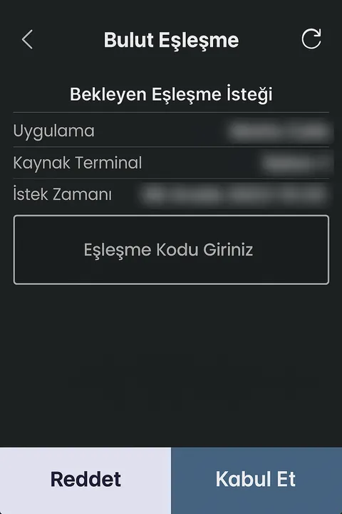 Pavo cihazında Bulut Eşleşme ekranı: bekleyen eşleşme isteği ve eşleşme kodu alanı