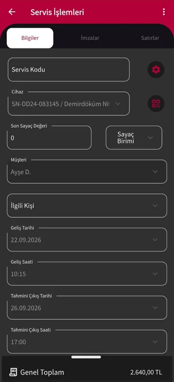 Teknik servis programı mobil uygulaması: servis bilgileri ve cihazı QR/barkod ile seçme düğmesi