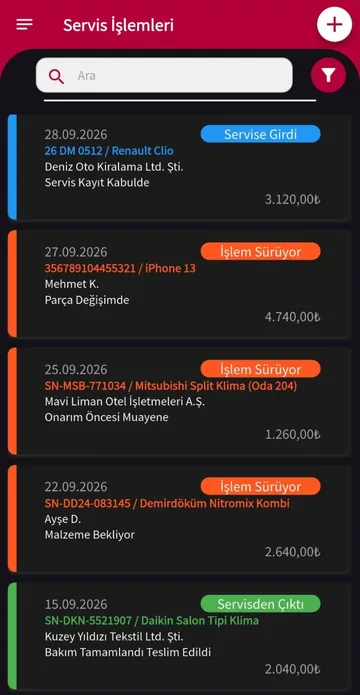 Teknik servis programı mobil uygulaması: durum renkleriyle servis işlemleri listesi