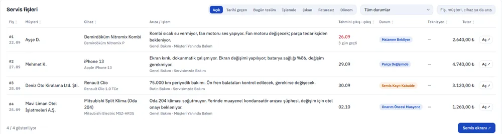 Servis takip programı servis fişleri listesi: tarihi geçen fişler, arıza ve işlem, durum ve tutar
