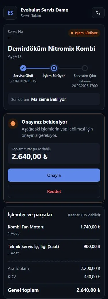 Teknik servis programı online servis sorgulama: müşterinin telefonda gördüğü takip sayfası, servis durumu, onay bekleyen tutar, Onayla ve Reddet düğmeleri, işlemler ve parçalar