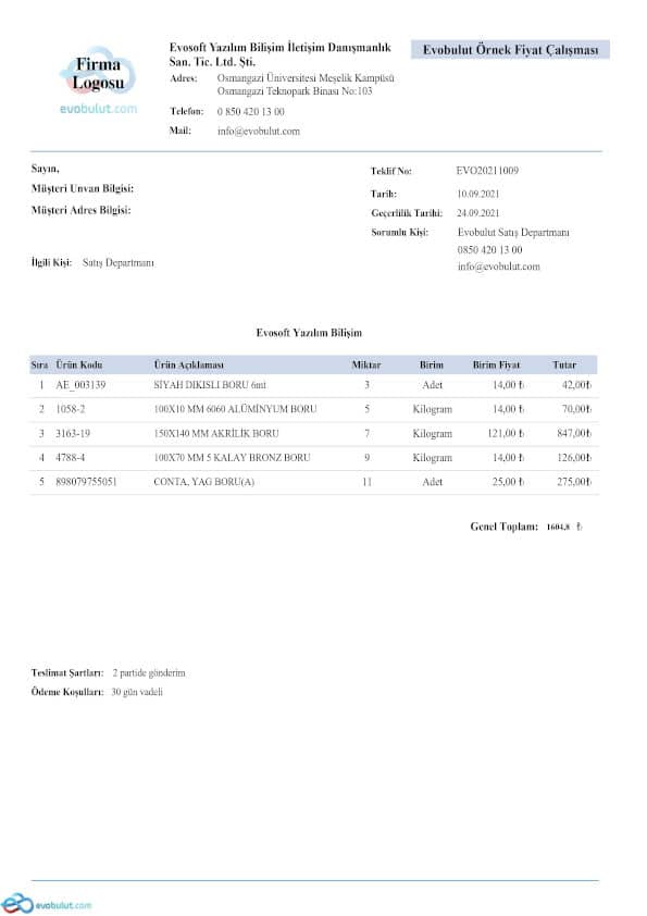 Teklif Şablonu Grup Toplamlı