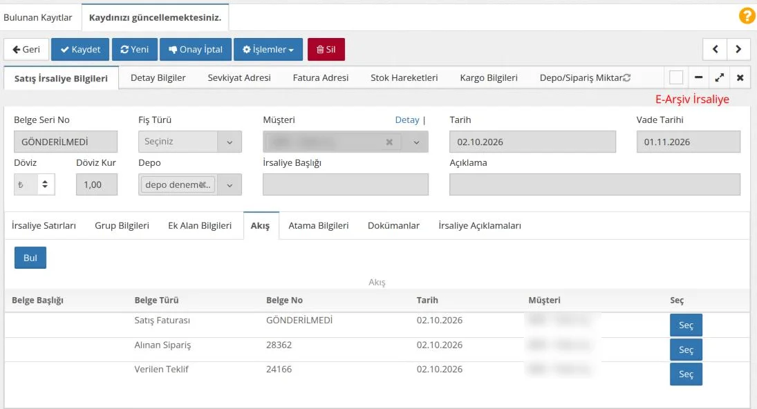 Satış İrsaliyesi ekranında Akış sekmesi: irsaliyenin geldiği Verilen Teklif ve Alınan Sipariş ile kesilen Satış Faturası listede