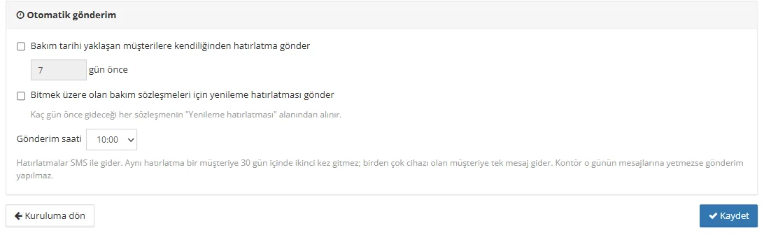 Müşteri bildirimleri sekmesinde Otomatik gönderim bölümü