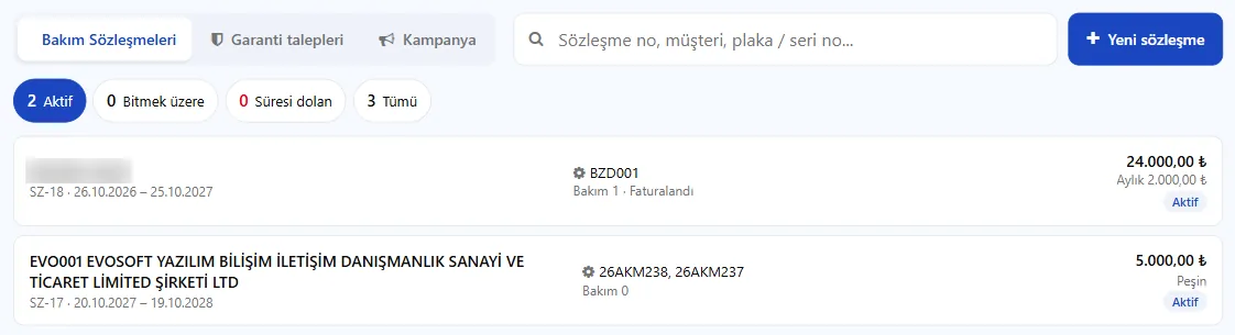 Bakım Sözleşmeleri listesi ve süzgeçler