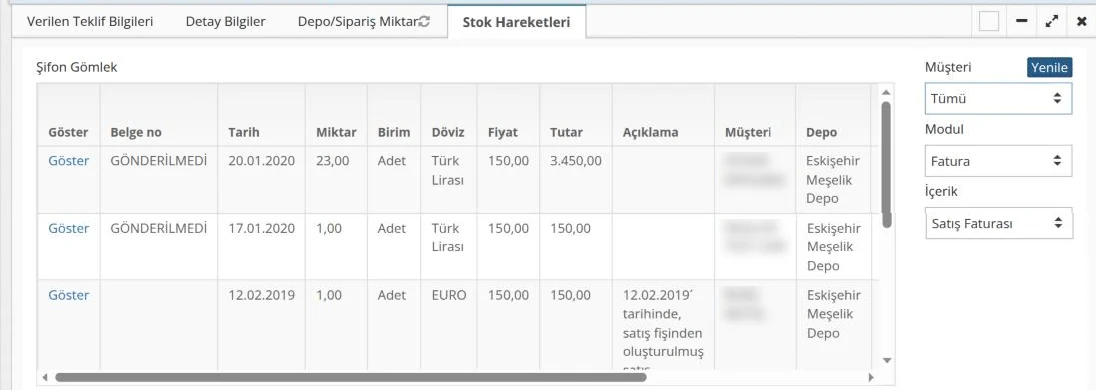 Stok Hareketleri sekmesi: ürünün satış faturalarındaki tarih, miktar, fiyat ve depo bilgileri; sağda Müşteri, Modul ve İçerik seçimleri
