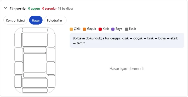 Hasar sekmesinde araç krokisi ve hasar türleri