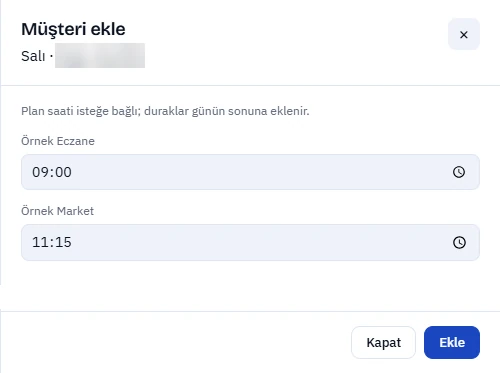 Seçilen müşterilerin plan saatlerinin girildiği pencere