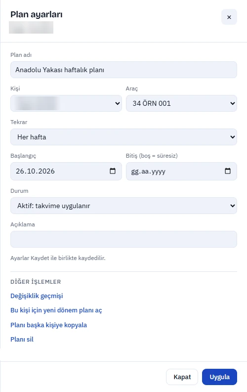 Plan ayarları penceresindeki alanlar ve Diğer işlemler