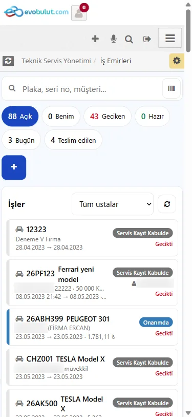 İş Emirleri telefonda: arama kutusu, süzgeçler ve iş listesi