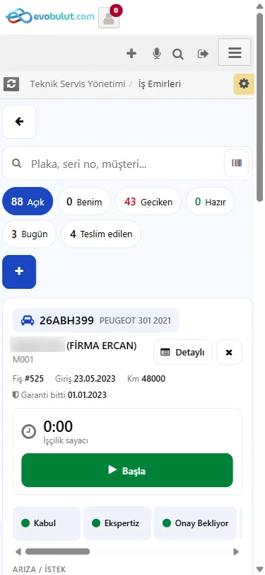 Telefonda iş kartı: işçilik sayacı ve Başla düğmesi