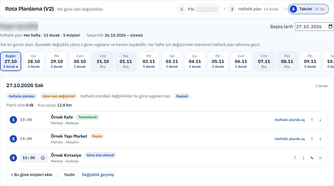 Takvim adımında seçili günün durakları, etiketleri ve durumları