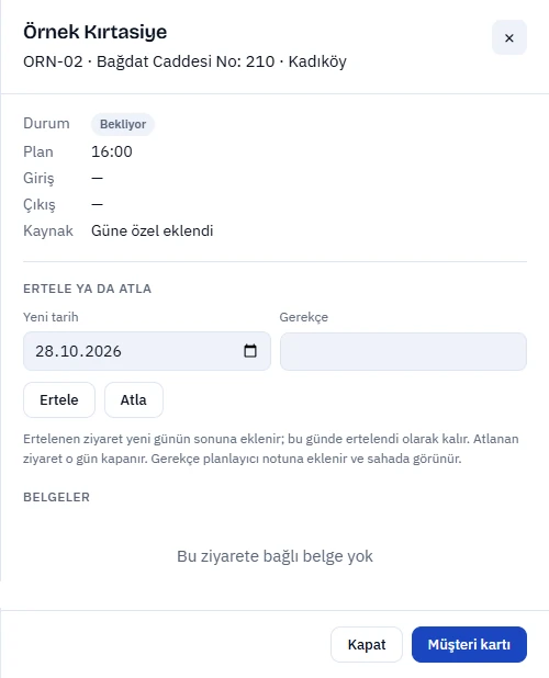 Bekleyen ziyaretin ayrıntısında Ertele ya da atla bölümü