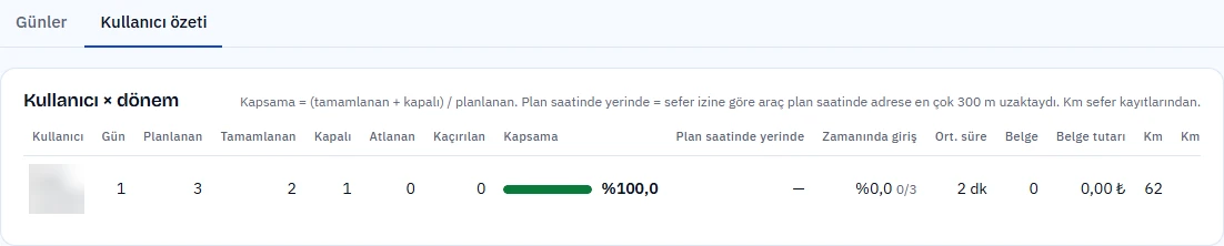 Kullanıcı özeti sekmesinde kullanıcının dönem özeti