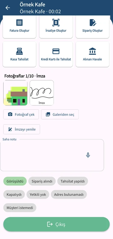 Ziyaret sonucunun seçimi ve Çıkış düğmesi