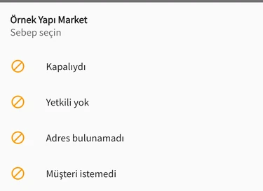 Kapalıydı'ya dokununca açılan sebep listesi