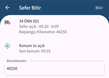 Sefer Bitir sayfasında konum izinin durumu ve bitiş kilometresi