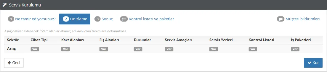 Önizleme adımında eklenecek ve zaten var olan tanımlar